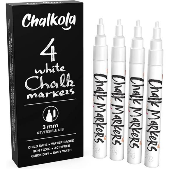 White Chalk Markers Fine Tip (4 Pack 3mm) - Wet & Dry Erase Chalk Pens - Picture 1 of 6